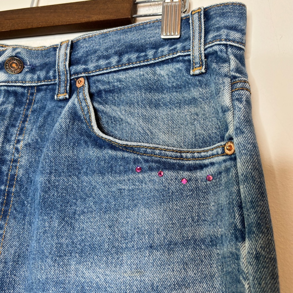 Levi's 505 Vintage Y2K Orange Tag Nooshin Upcycle Bandana Hem Rhinestone Jean 33 - Picture 3 of 14